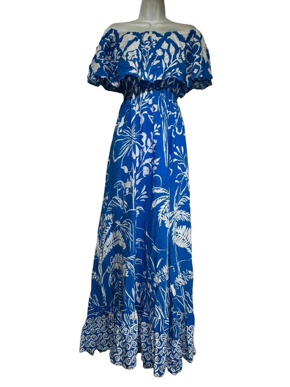 Petal + Pup Size S Pyros Off Shoulder Harper Maxi Dress Blue White Tropical